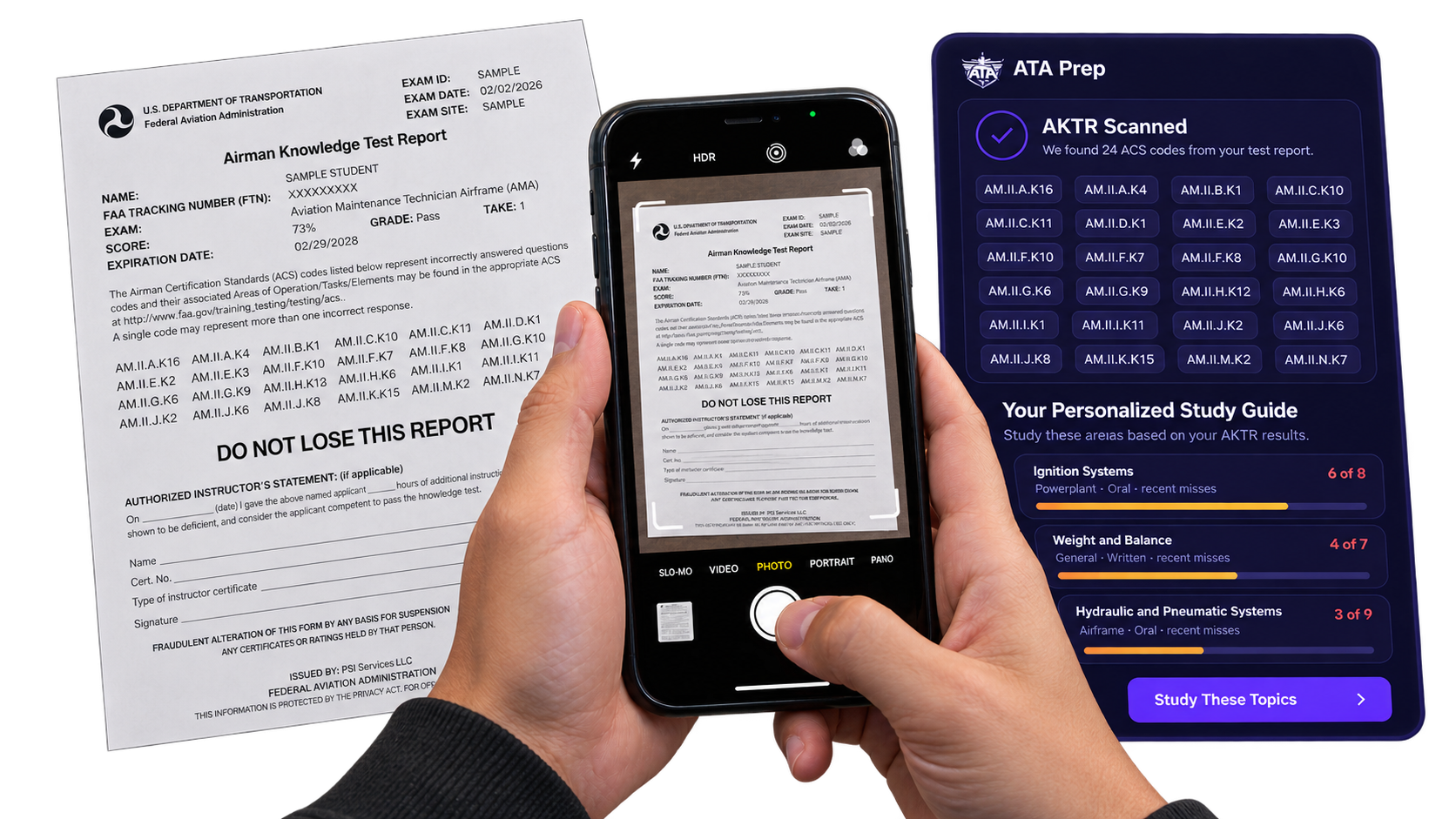 Student photographing an FAA Airman Knowledge Test Report while ATA Prep turns the detected ACS codes into a personalized study guide